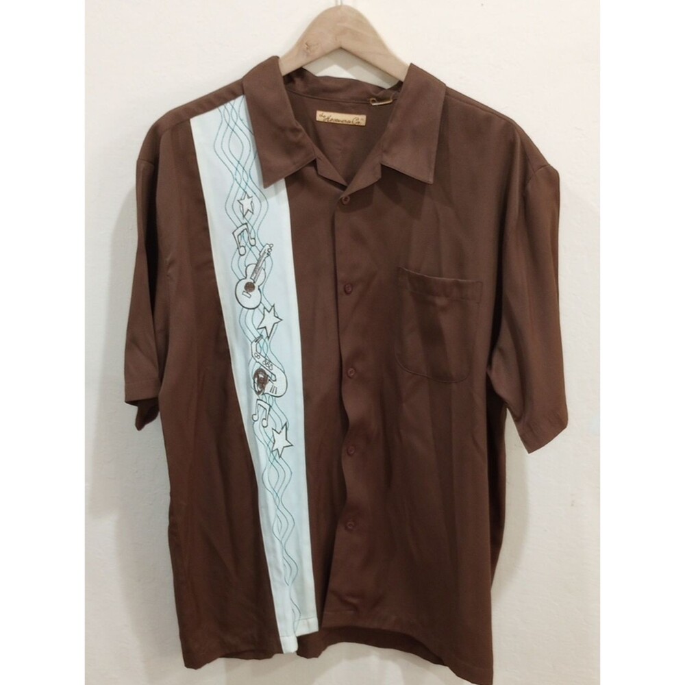 The Havanera Co. Brown Bowling Shirt With Musical Embroidery, Size XL
